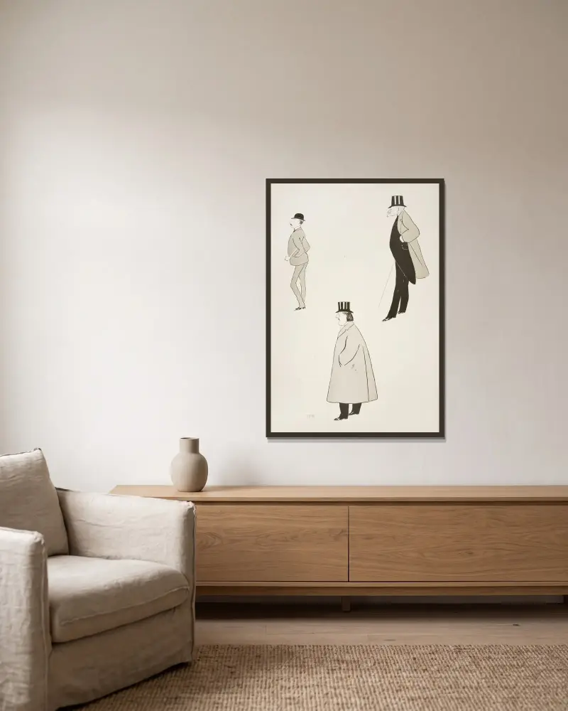 Caricatures of three men. av Georges Goursat (Sem) inramad på en vägg