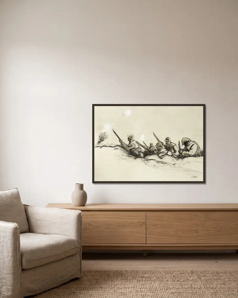 Im Schützengraben von Georges Goursat (Sem) gerahmt an einer Wand