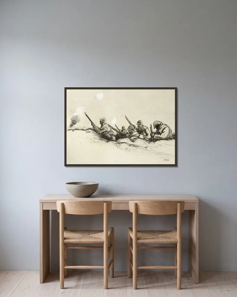 Im Schützengraben von Georges Goursat (Sem) gerahmt an einer Wand