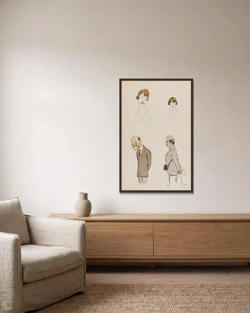 Zwei Studien einer weiblichen Figur und zwei männliche Figuren von Georges Goursat (Sem) gerahmt an einer Wand