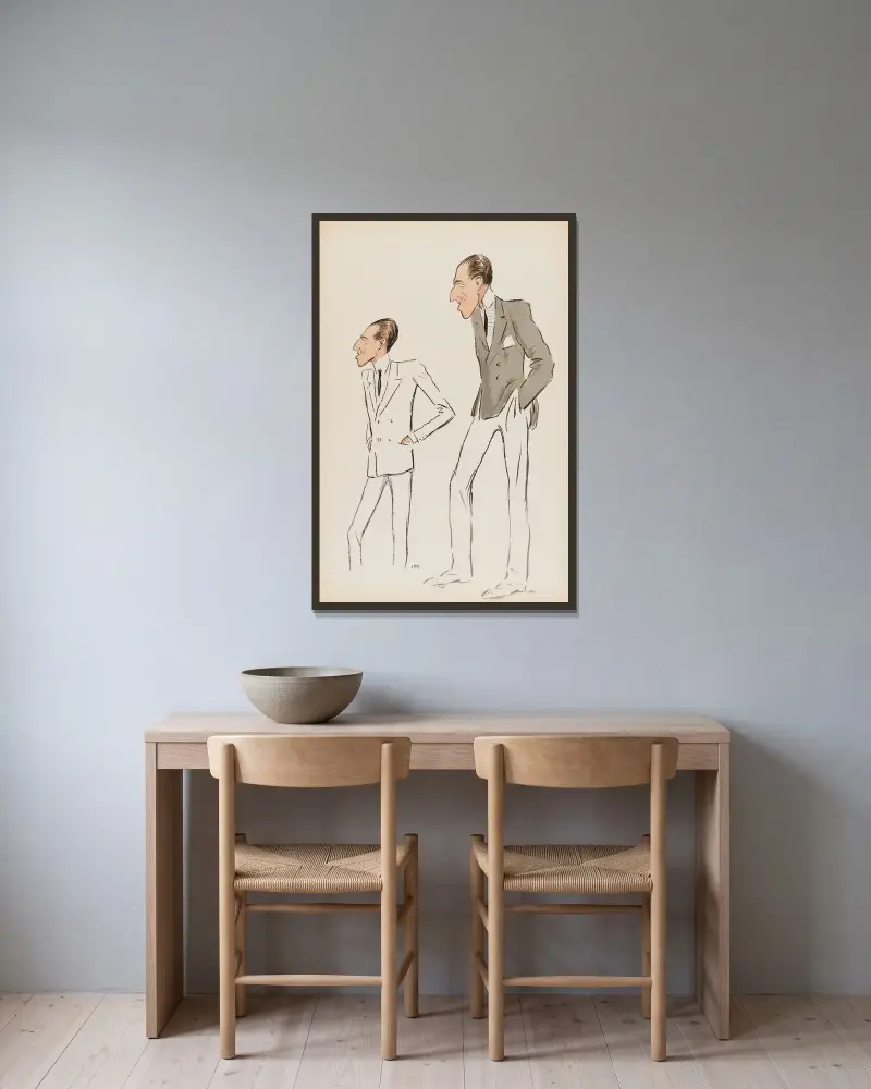 Två studier av en mansfigur av Georges Goursat (Sem) inramad på en vägg