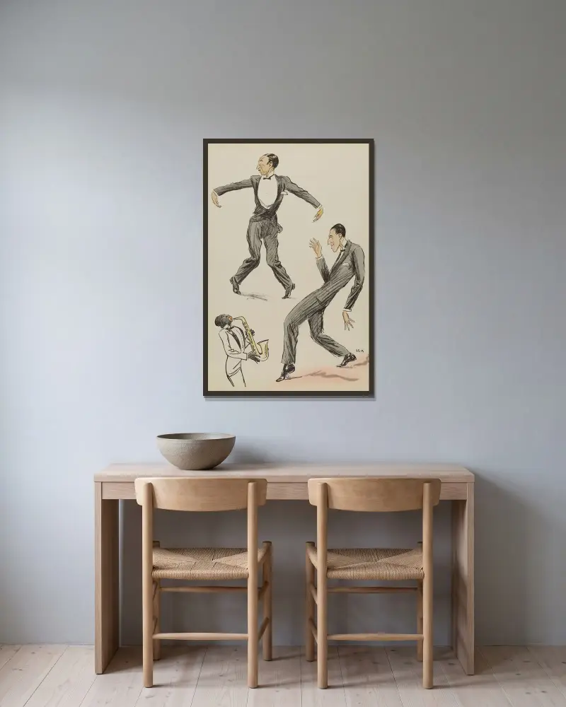 Två män som dansar charleston till ljudet av en saxofon av Georges Goursat (Sem) inramad på en vägg