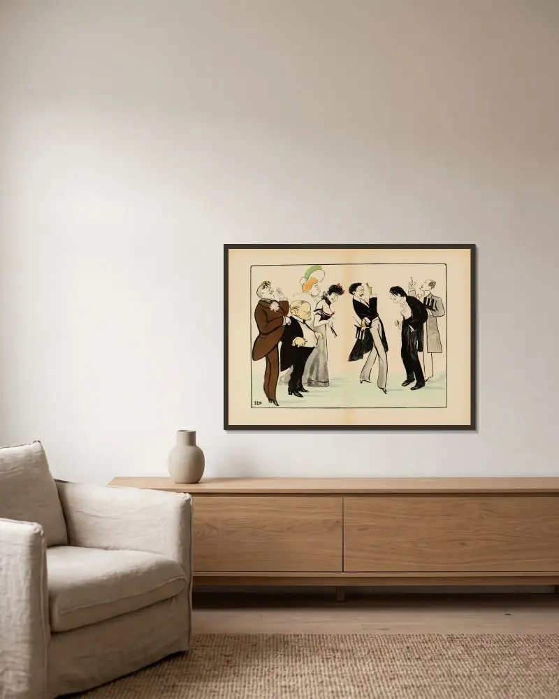 Jean Lorrain, Boldini, Kate Moore, Madeleine Lemaire, Montesquiou, Jean-Louis Forain et Yturri av Georges Goursat (Sem) inramad på en vägg