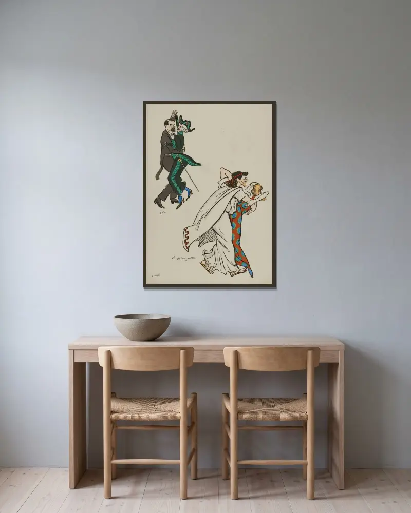 La Mistanguette ; Louis Barthou, Mounet-Sully, Mistinguett av Georges Goursat (Sem) inramad på en vägg