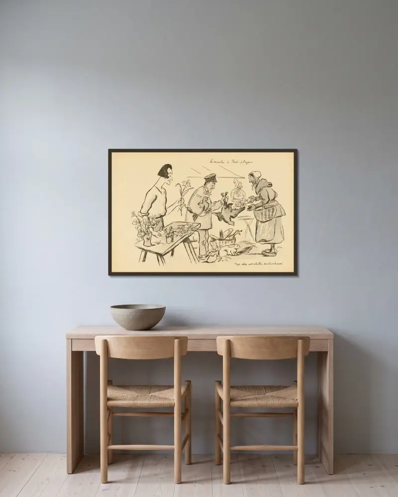 Der Markt an der Purée-plage von Georges Goursat (Sem) gerahmt an einer Wand