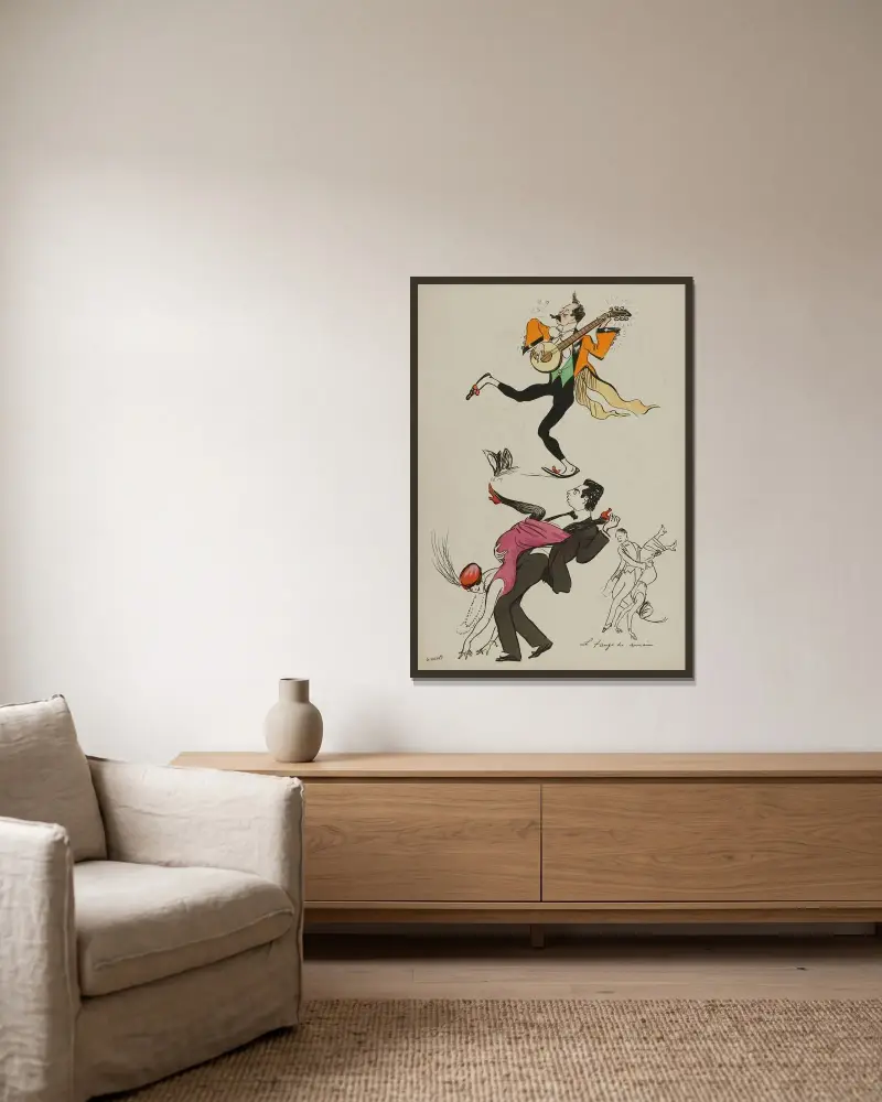 Le tango de demain ; Joël Sol, Jean Guitry av Georges Goursat (Sem) inramad på en vägg