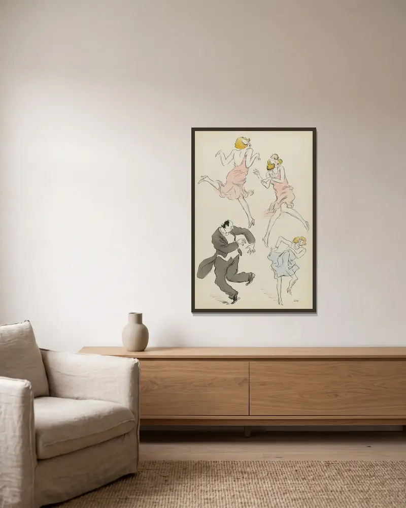 Maurice de Rothschild, Cécile Sorel in Blau und eine weibliche Figur in Rosa von Georges Goursat (Sem) gerahmt an einer Wand