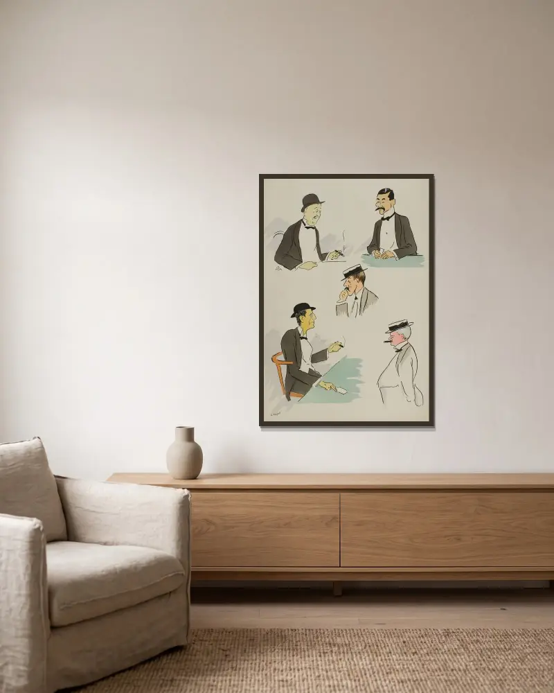 Michel Marghilomann, japonais, Me Poulet, Baron James de Rothschild, William K. Vanderbilt av Georges Goursat (Sem) inramad på en vägg