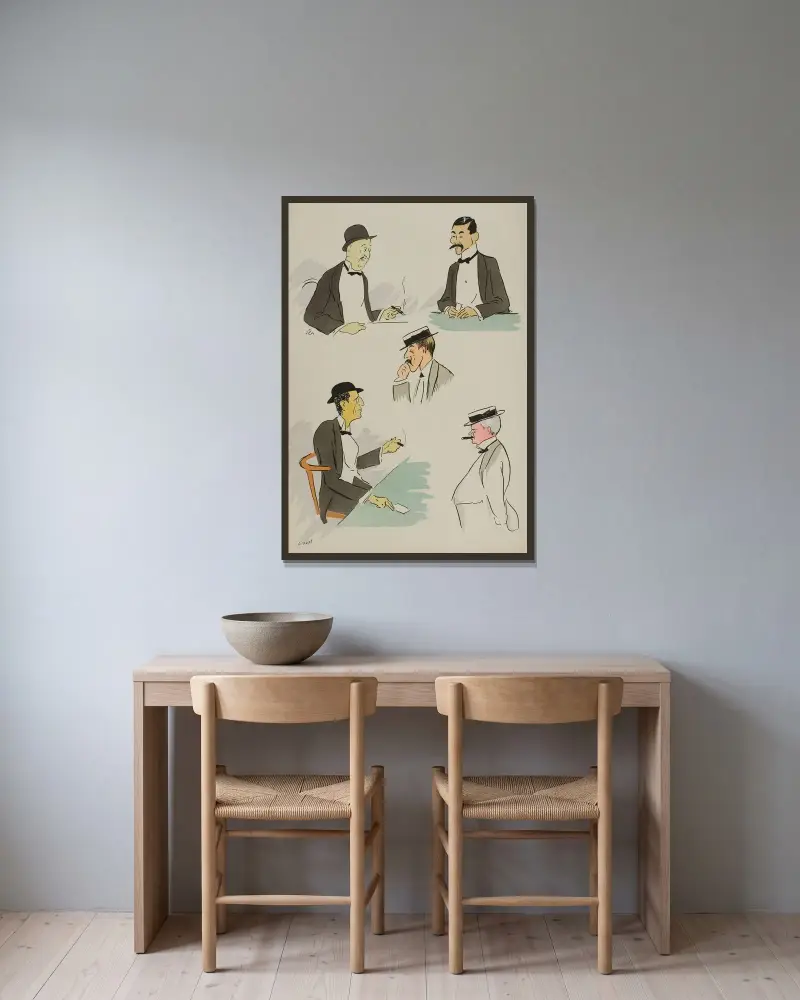 Michel Marghilomann, japonais, Me Poulet, Baron James de Rothschild, William K. Vanderbilt av Georges Goursat (Sem) inramad på en vägg