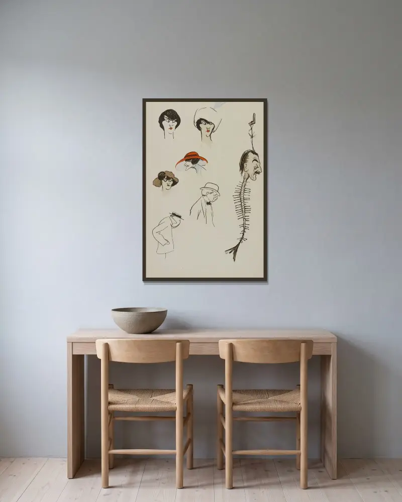 Myriam Danesco, toque, Germaine Thouvenin, arête de poisson, M du Tillet, monocle, M Aschwanden av Georges Goursat (Sem) inramad på en vägg