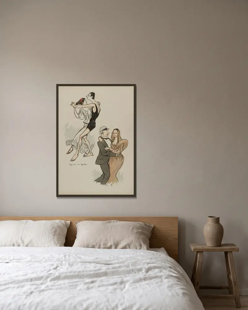Perpsichore et Apollon ; Baron Maurice de Rotschild, grecque, Fischhoff, la Joconde av Georges Goursat (Sem) inramad på en vägg
