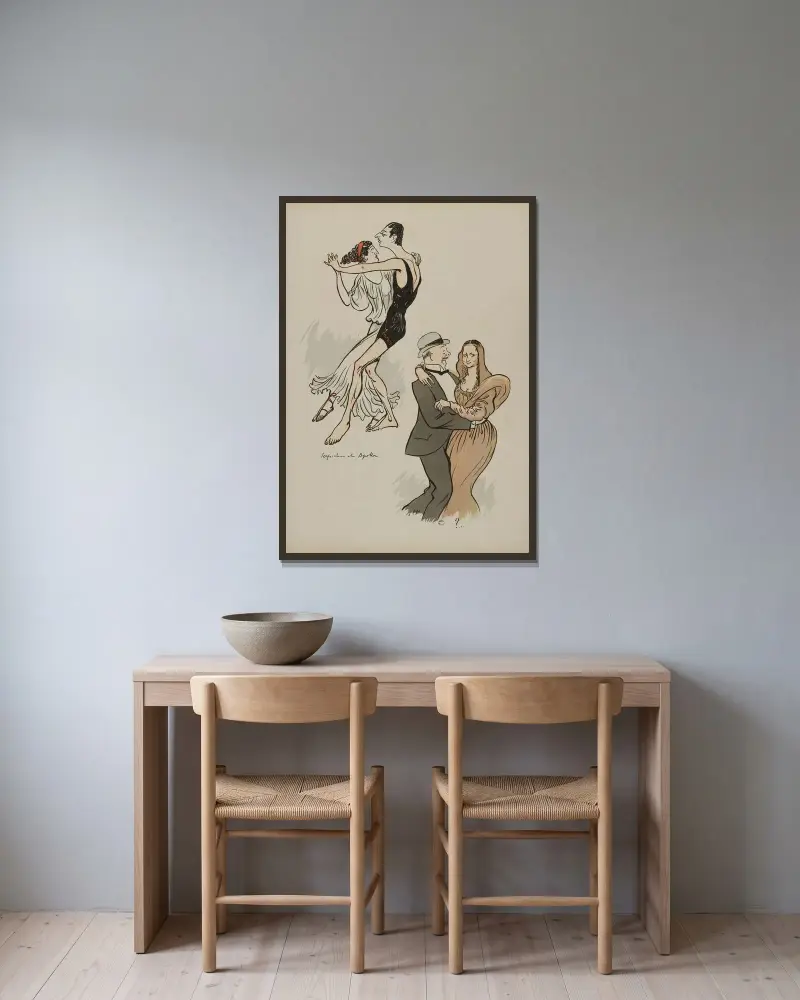 Perpsichore et Apollon ; Baron Maurice de Rotschild, grecque, Fischhoff, la Joconde av Georges Goursat (Sem) inramad på en vägg