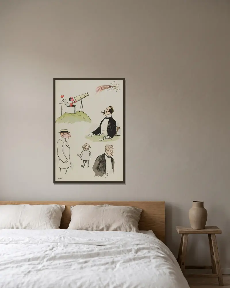 Santos-Dumont, Joël Sol, Prince Toussoun, Boldini, baron Lionel de Rothschild av Georges Goursat (Sem) inramad på en vägg