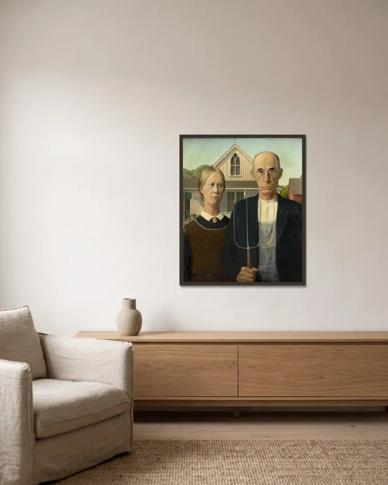 American Gothic av Grant Wood inramad på en vägg