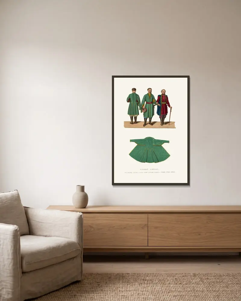 Kosakenkaftan, verliehen von Peter I. an den Kosaken Breshko, und Kostüm eines Kosaken-Ältesten derselben Zeit von Fedor Grigoryevich Solntsev gerahmt an einer Wand