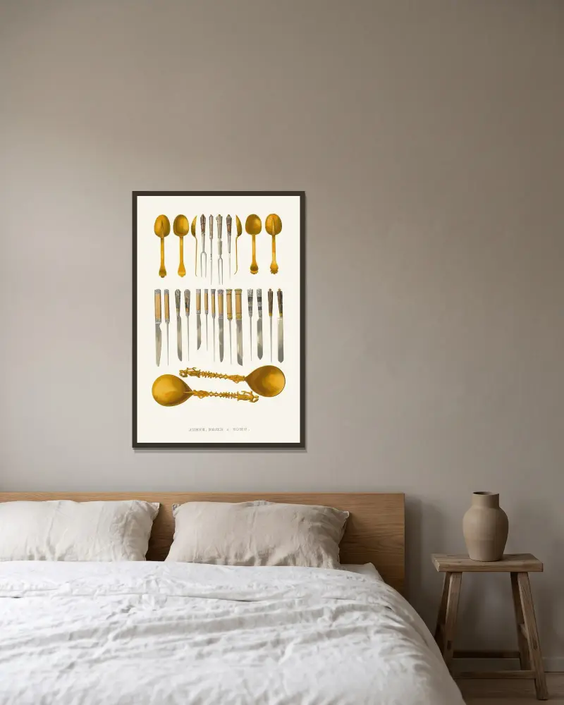 Skedar, gafflar och knivar av Fedor Grigoryevich Solntsev inramad på en vägg