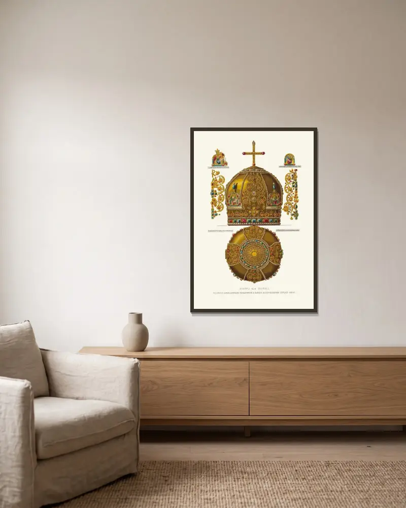 Mitra ili shapka, podarennaia tsarem Alekseem Mikhailovichem i tsaritseiu Marieiu Il’inichnoiu patriarkhu Nikonu, v 1652 godu av Fedor Grigoryevich Solntsev inramad på en vägg