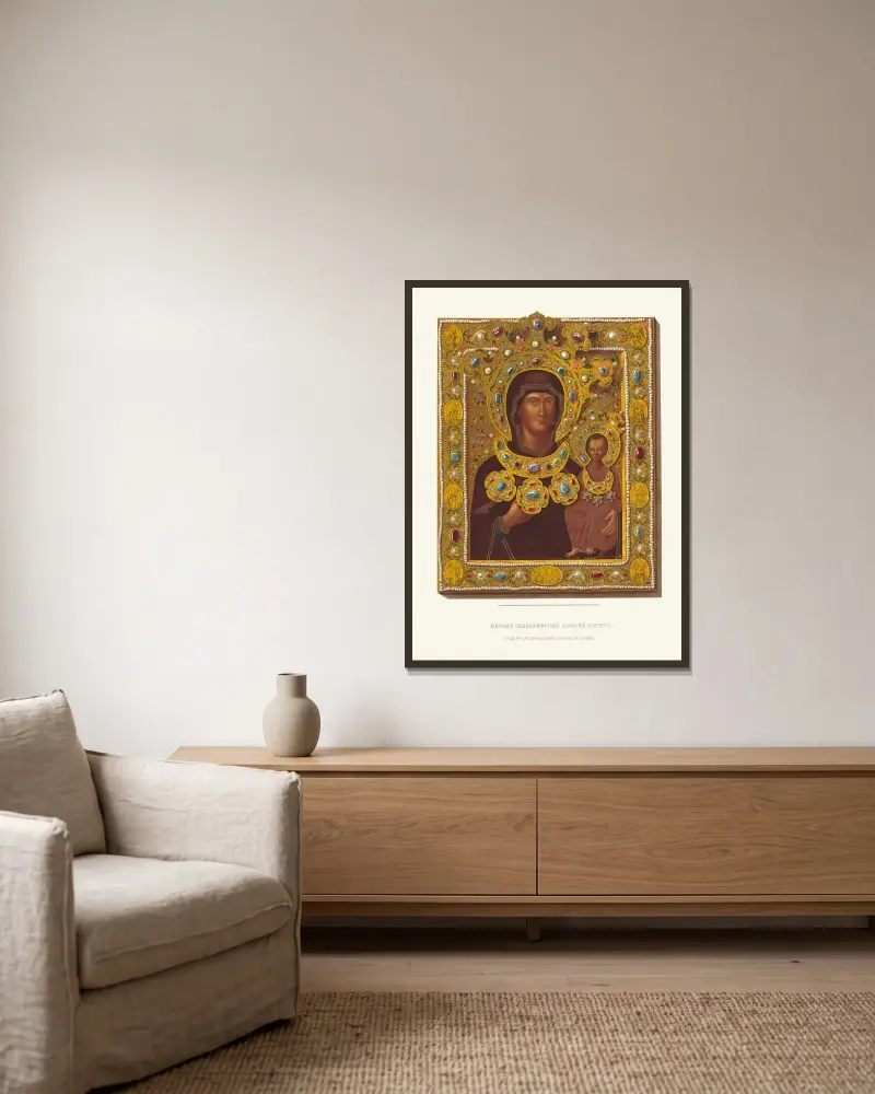 Die Ikone der Gottesmutter (aufbewahrt in der Erzengel-Kathedrale in Moskau). Chromolithografie von F. Dreger von Fedor Grigoryevich Solntsev gerahmt an einer Wand