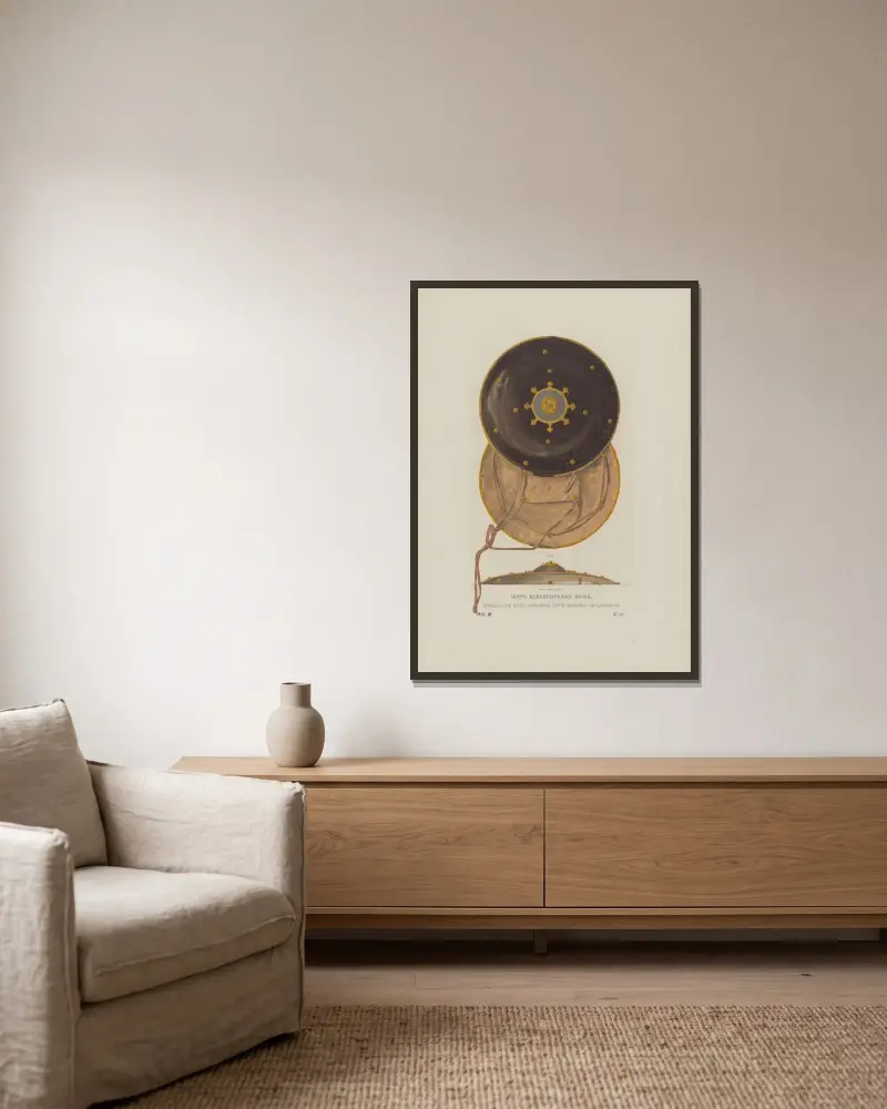 Schild aus Einhornhaut, von Schah Abbas an Zar Michail Feodorowitsch gesandt von Fedor Grigoryevich Solntsev gerahmt an einer Wand