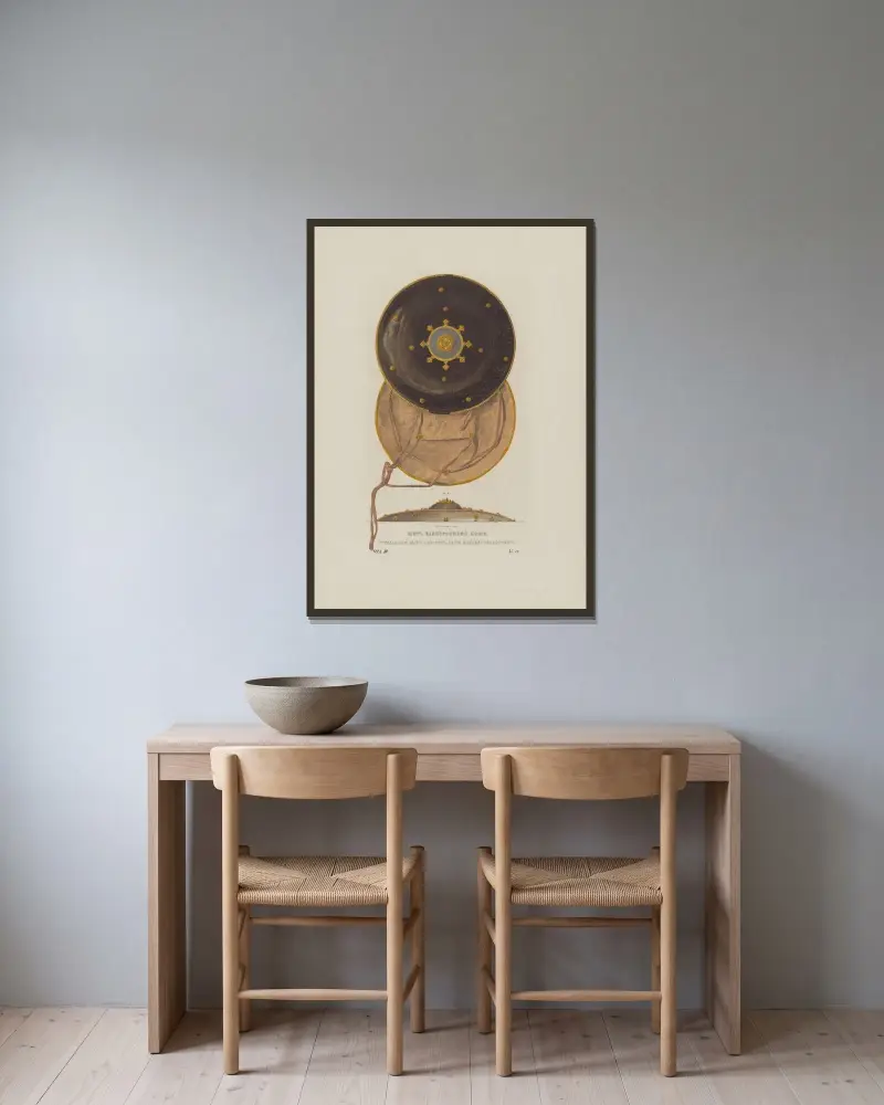 Schild aus Einhornhaut, von Schah Abbas an Zar Michail Feodorowitsch gesandt von Fedor Grigoryevich Solntsev gerahmt an einer Wand
