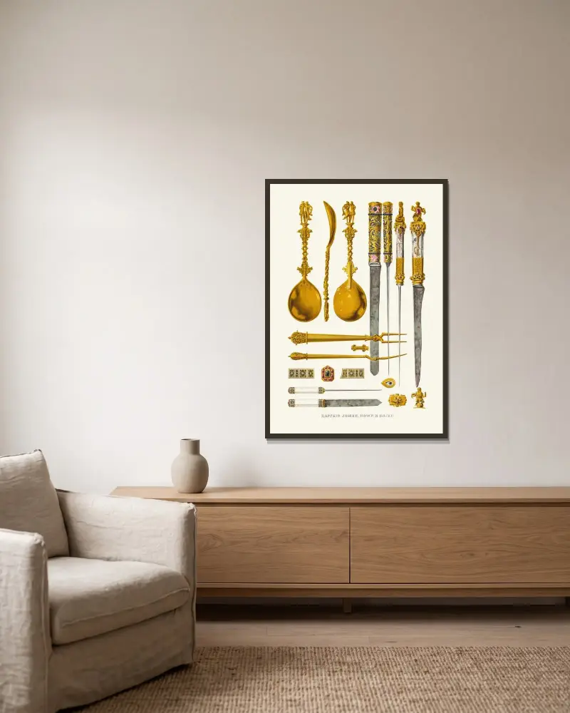 Tsarens skedar, knivar och gafflar av Fedor Grigoryevich Solntsev inramad på en vägg