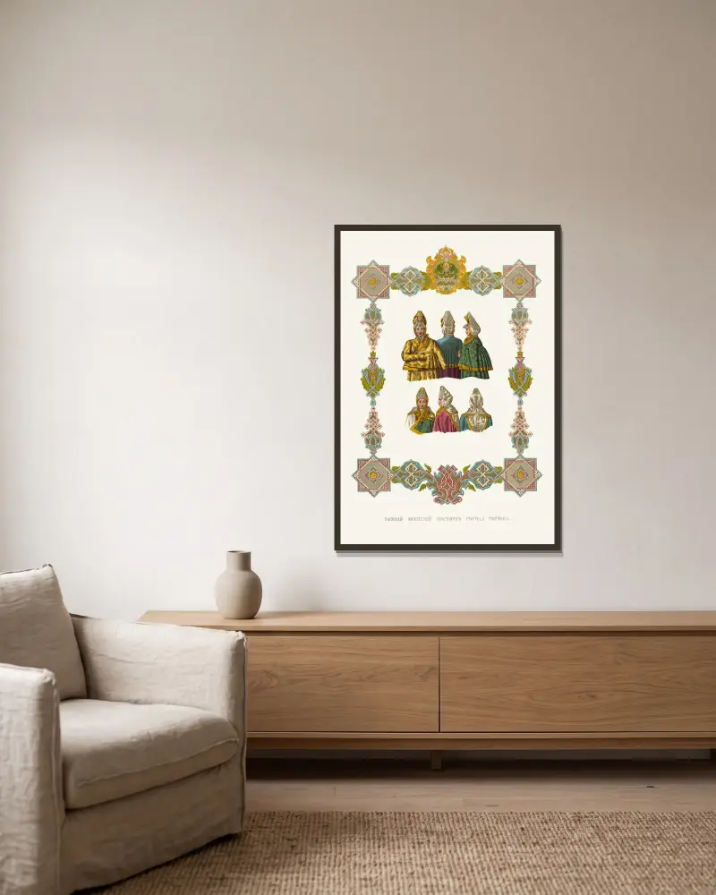 Vinterdräkt för kvinnor från Torzjok av Fedor Grigoryevich Solntsev inramad på en vägg