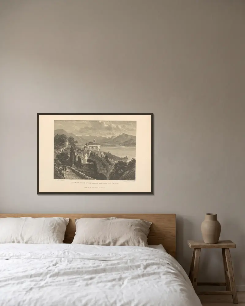 Vallfartskyrkan Madonna del Sasso nära Locarno av Theodor Gsell Fels inramad på en vägg
