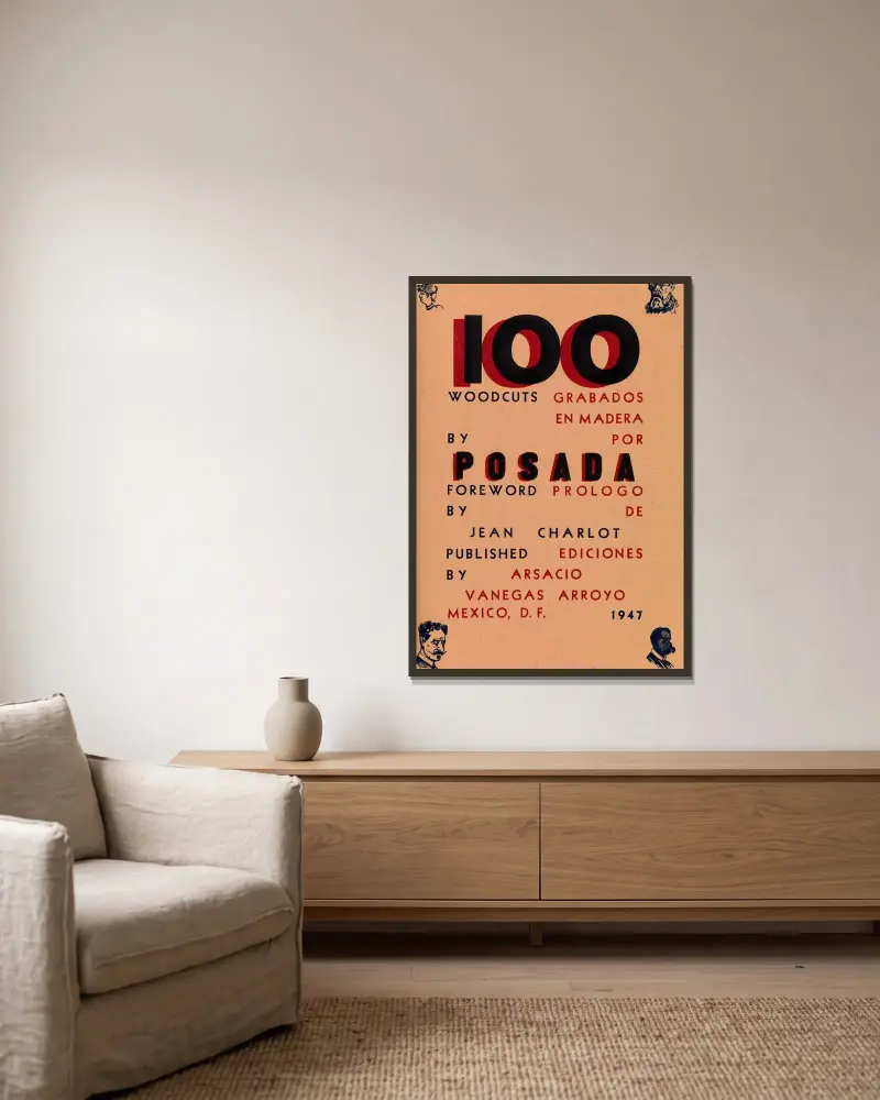 100 Woodcuts by Posada av José Guadalupe Posada inramad på en vägg