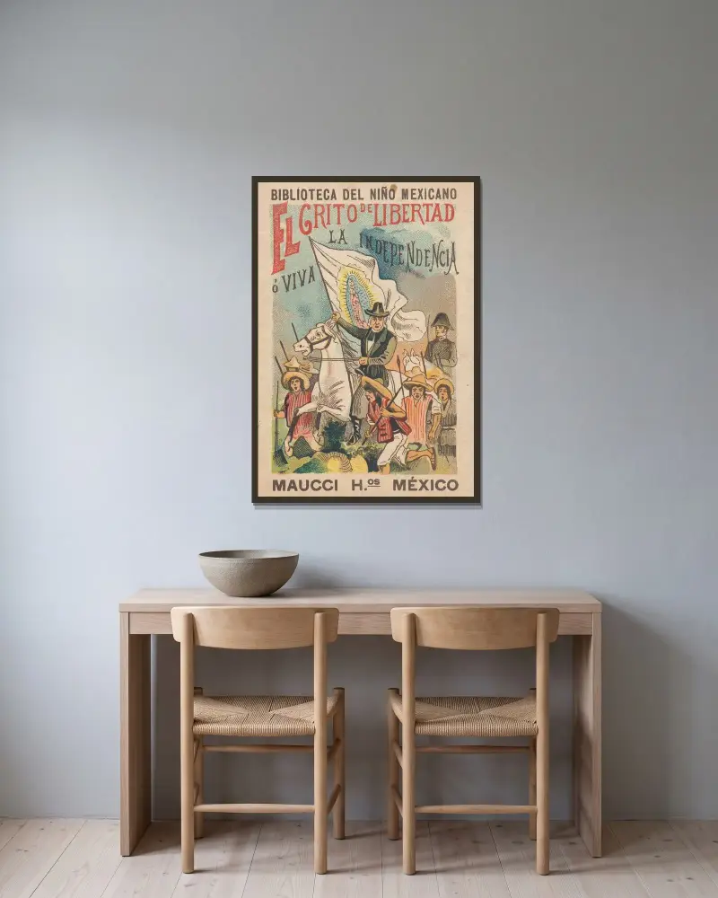 Biblioteca Del Niño Mexicano. El Grito de Libertad ó ¡Viva la Independencia! av José Guadalupe Posada inramad på en vägg