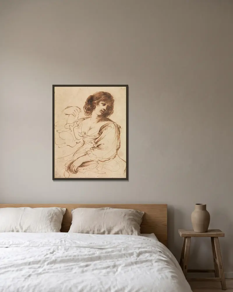 Sittande ung kvinna som ser sig över axeln av Guercino inramad på en vägg