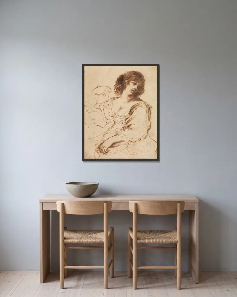 Sittande ung kvinna som ser sig över axeln av Guercino inramad på en vägg