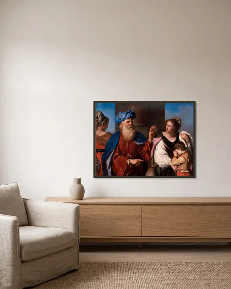 Abraham fördriver Hagar och Ismael av Guercino inramad på en vägg
