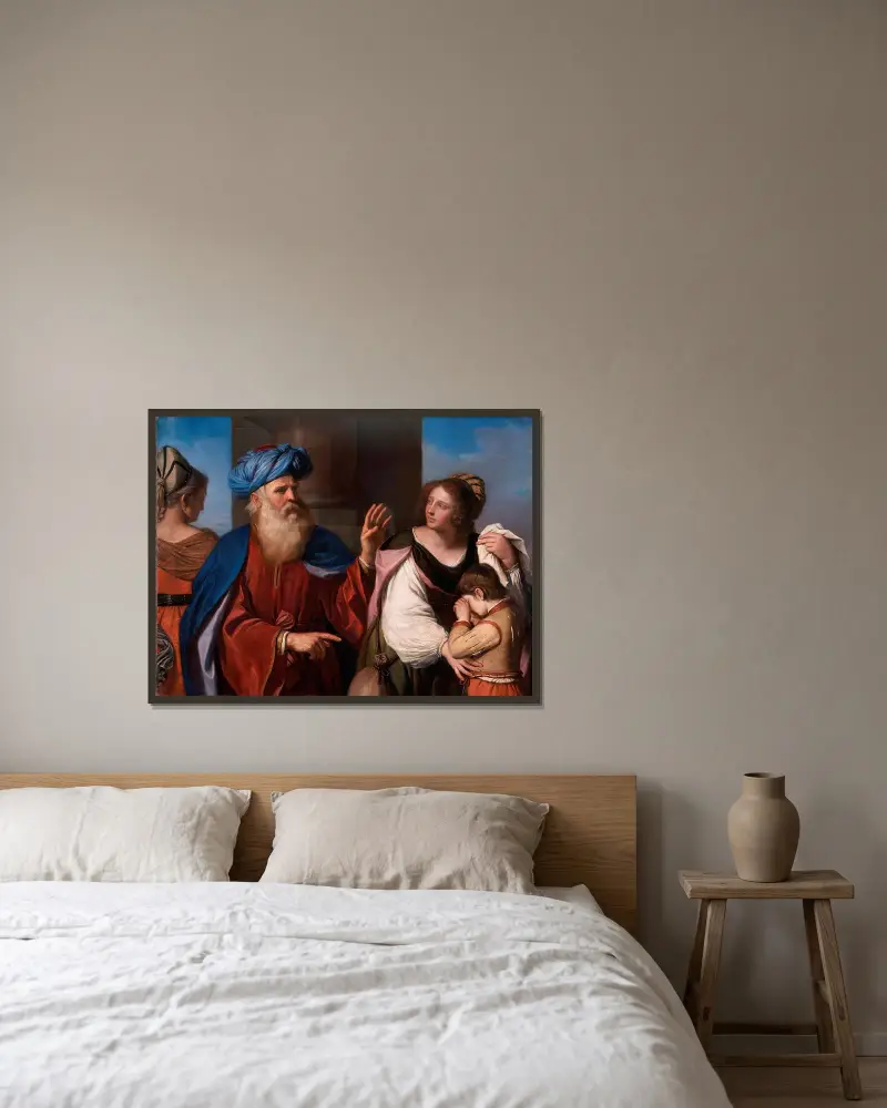 Abraham fördriver Hagar och Ismael av Guercino inramad på en vägg