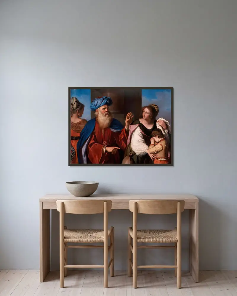 Abraham fördriver Hagar och Ismael av Guercino inramad på en vägg