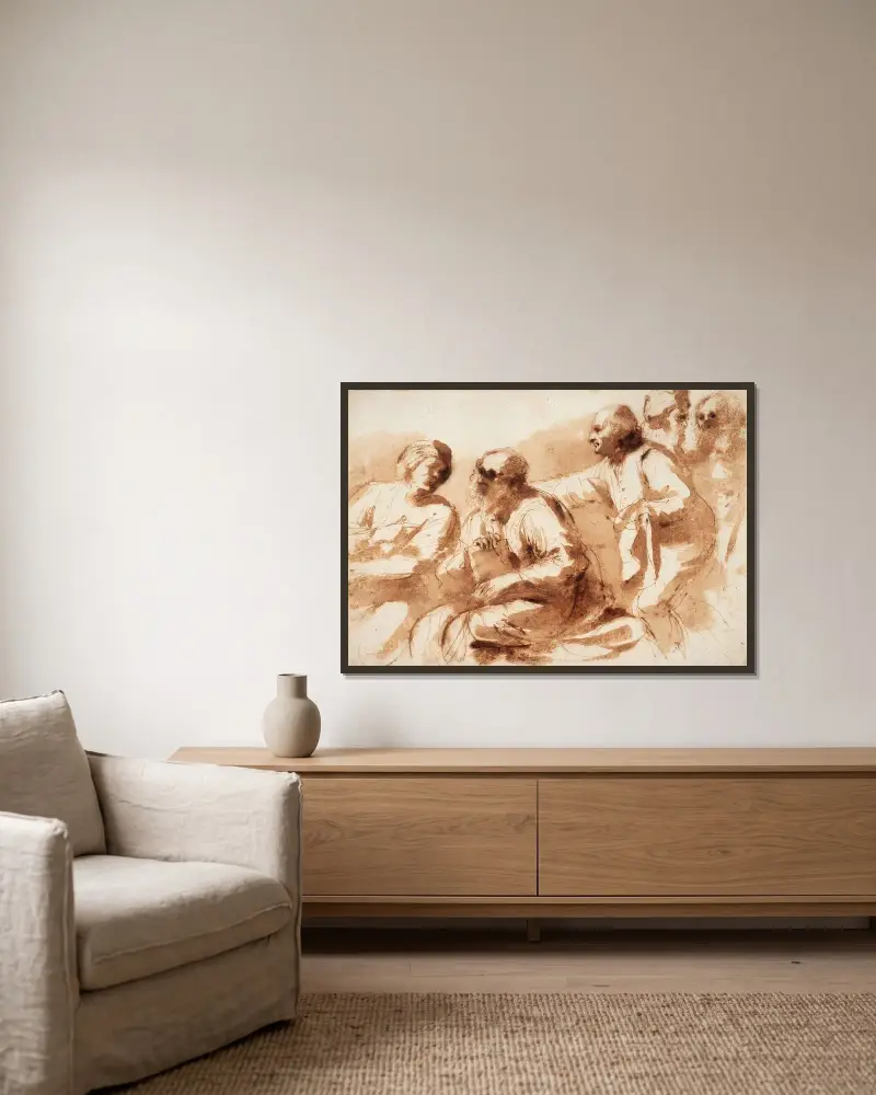 En samling lärda män av Guercino inramad på en vägg