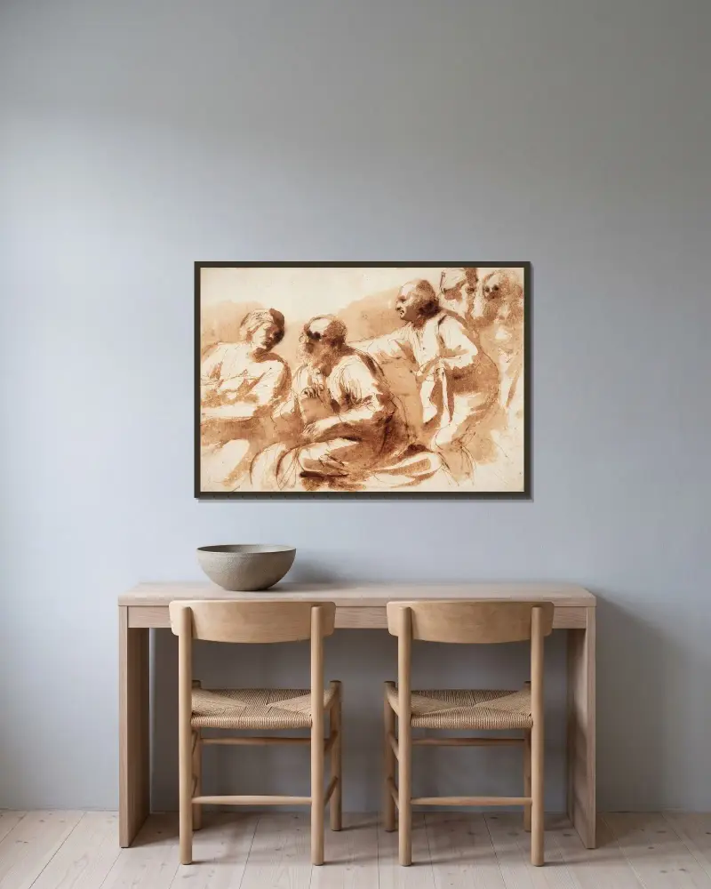 En samling lärda män av Guercino inramad på en vägg