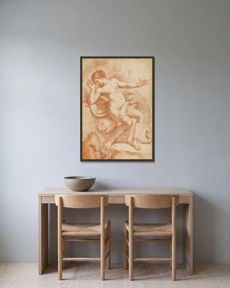 Andromeda fjättrad vid en klippa, hotad av ett havsmonster av Guercino inramad på en vägg
