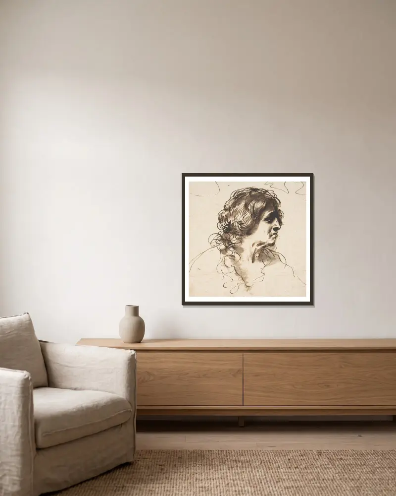 Bust of a Man Facing Right av Guercino inramad på en vägg