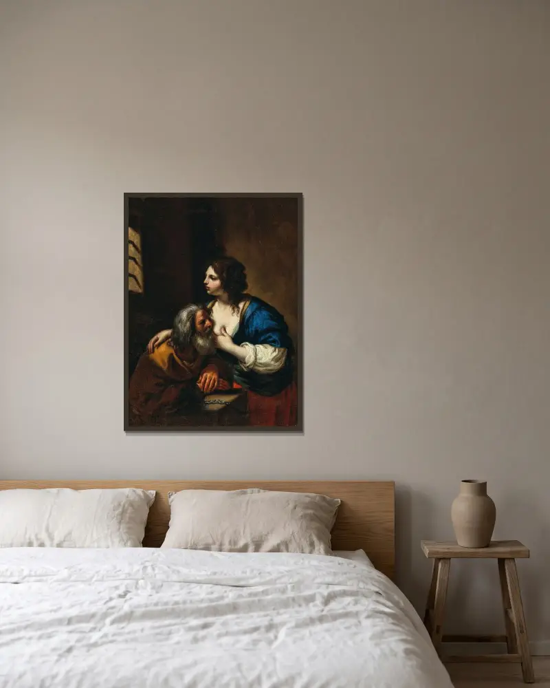 Caritas Romana av Guercino inramad på en vägg