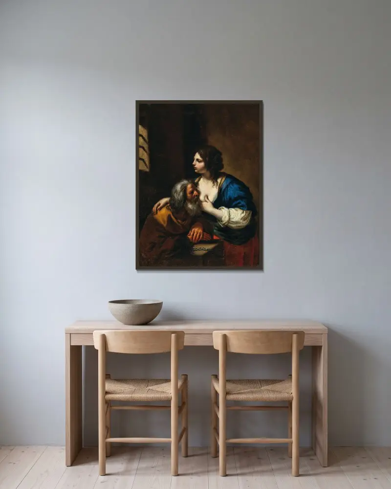 Caritas Romana av Guercino inramad på en vägg