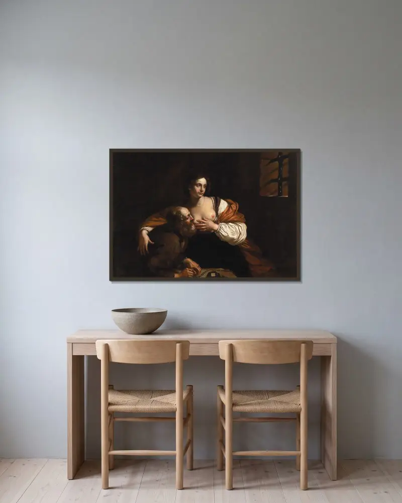 Caritas Romana av Guercino inramad på en vägg