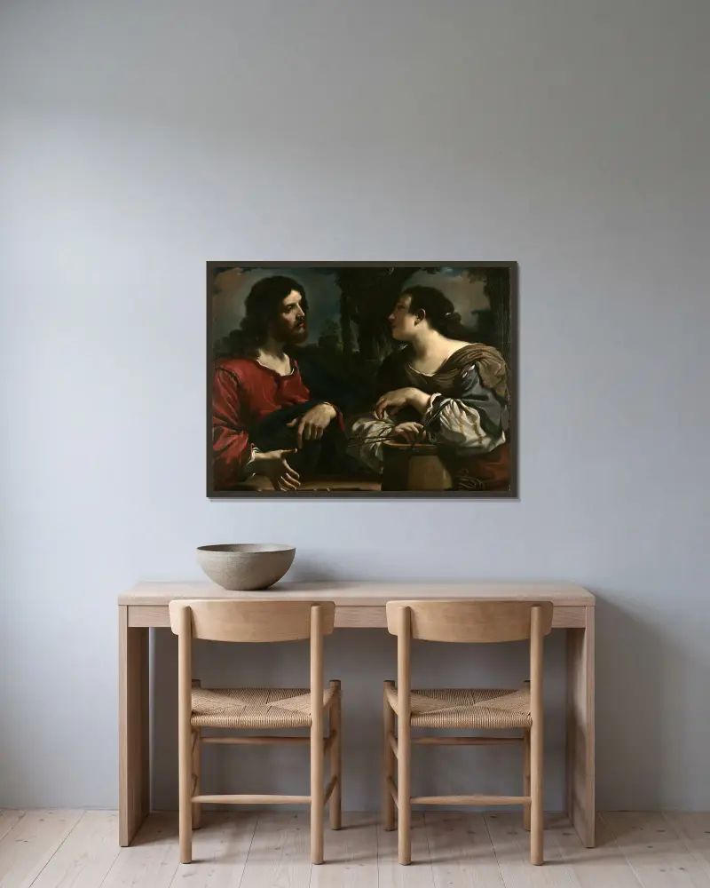 Christ And The Woman Of Samaria av Guercino inramad på en vägg