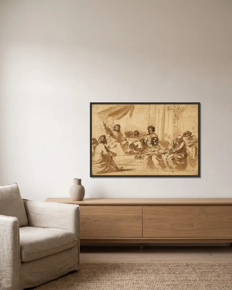 Christus predigt im Tempel von Guercino gerahmt an einer Wand