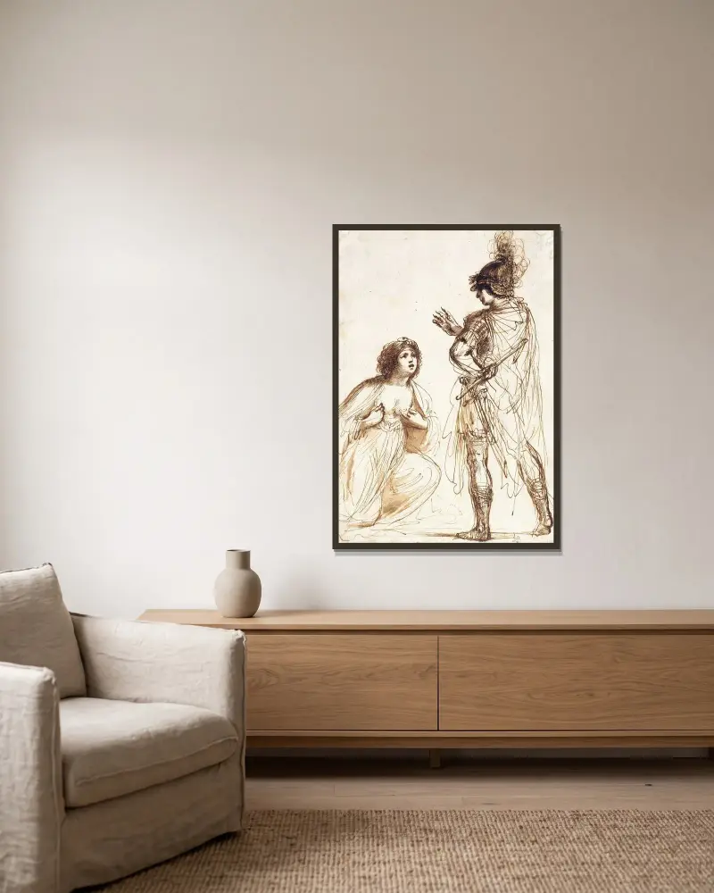 Cleopatra and Octavian av Guercino inramad på en vägg