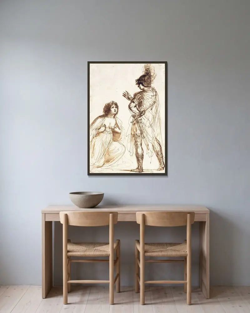 Cleopatra and Octavian av Guercino inramad på en vägg