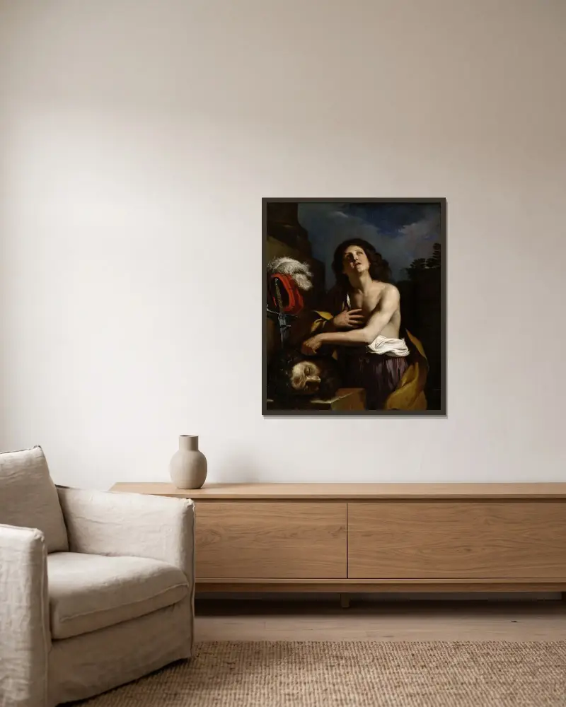 David med Goljats huvud av Guercino inramad på en vägg