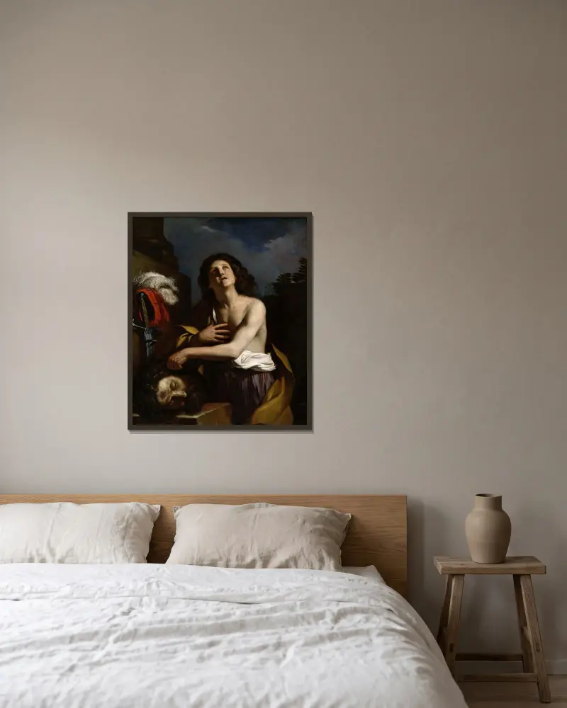 David med Goljats huvud av Guercino inramad på en vägg