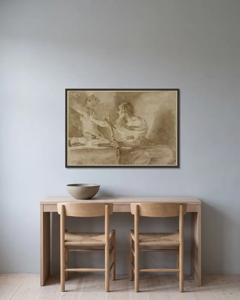 Den helige Antonius frestelse av Guercino inramad på en vägg