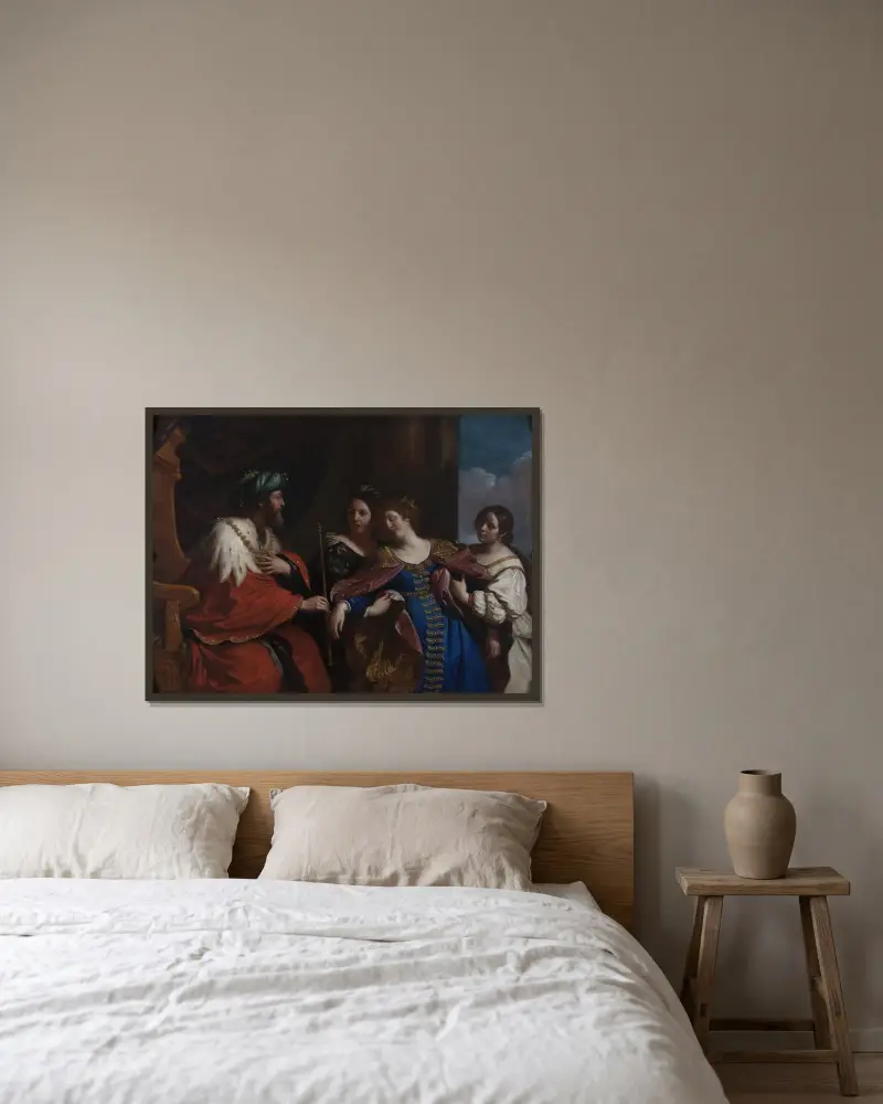 Ester inför Ahasveros av Guercino inramad på en vägg