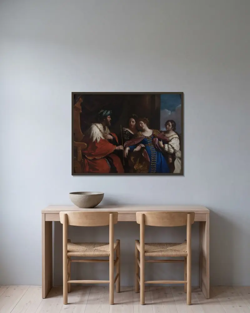 Ester inför Ahasveros av Guercino inramad på en vägg